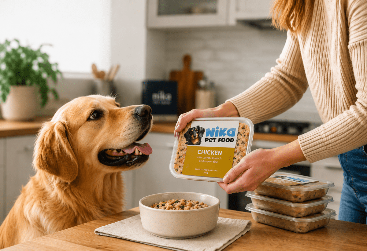 Freshly cooked Nika Pet Food meal being served after freezer storage with a dog waiting in the kitchen