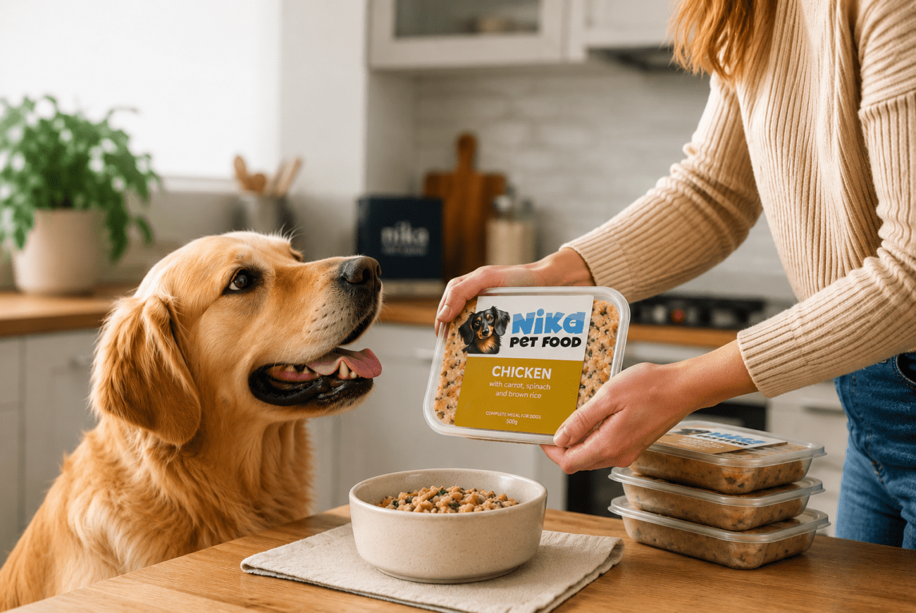 Freshly cooked Nika Pet Food meal being served after freezer storage with a dog waiting in the kitchen