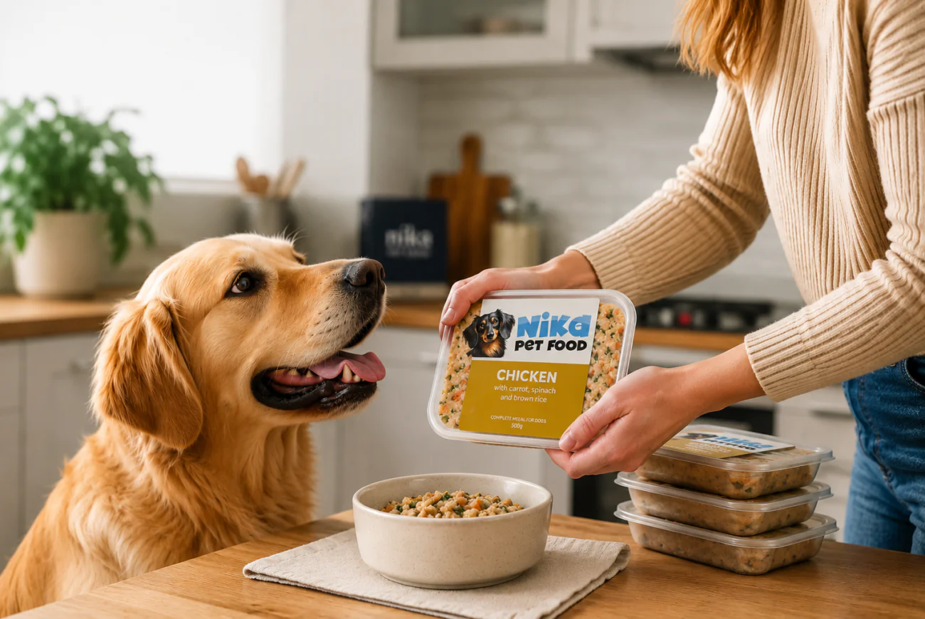 Freshly cooked Nika Pet Food meal being served after freezer storage with a dog waiting in the kitchen