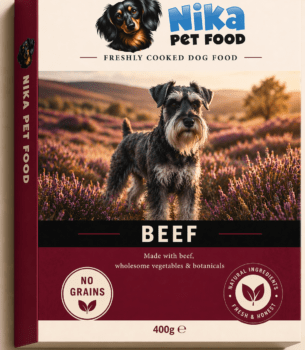 Freshly cooked beef dog food packaging by Nika Pet Food, featuring a healthy dog in a natural outdoor setting, made with beef, green tripe, vegetables and eggs, grain-free and rich in natural nutrients.