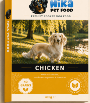 Freshly cooked chicken dog food by Nika Pet Food featuring a dachshund in an English garden