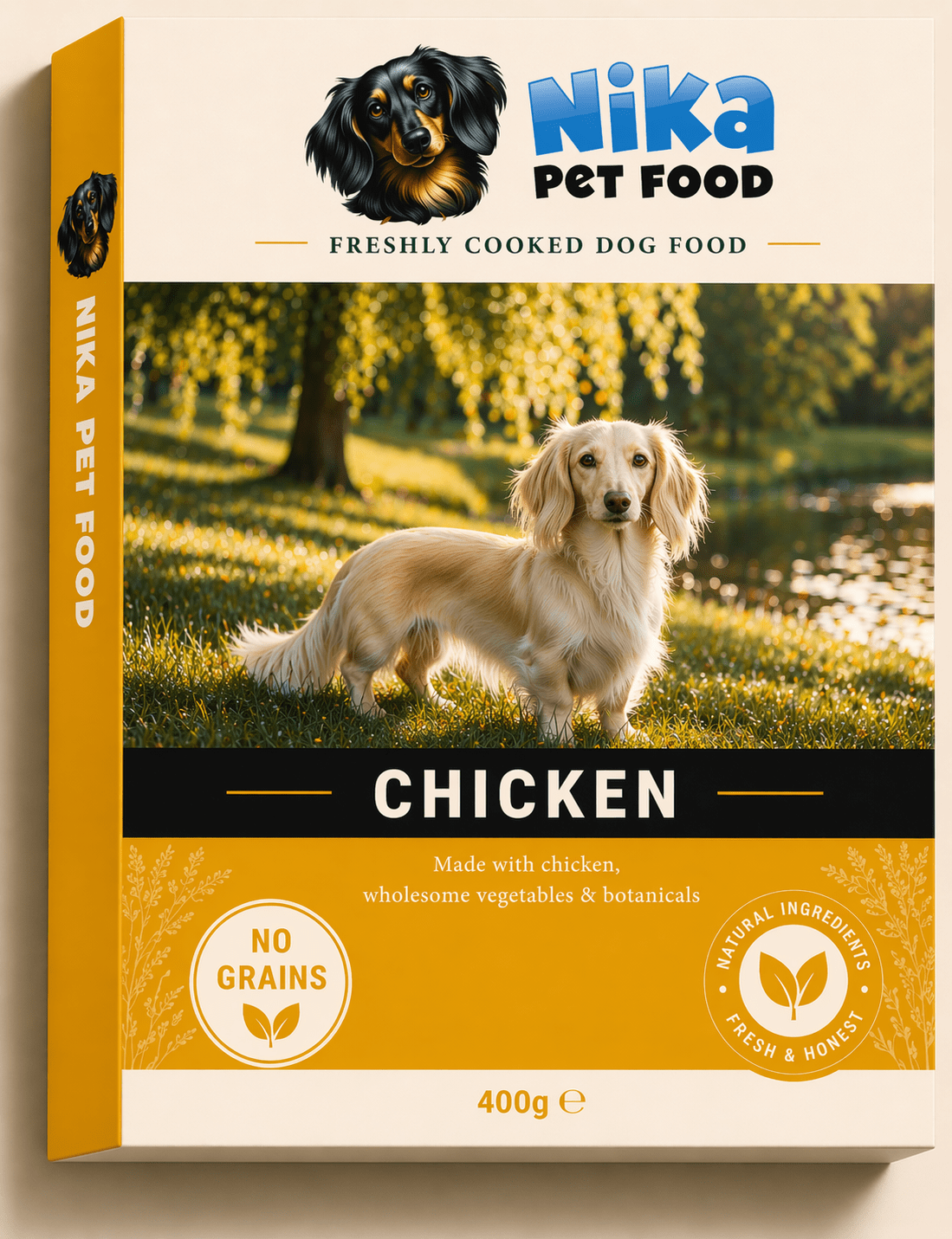 Freshly cooked chicken dog food by Nika Pet Food featuring a dachshund in an English garden