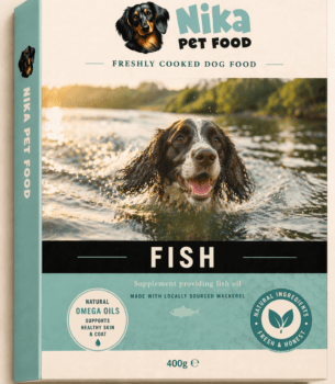 Fresh dog food packaging featuring a happy Springer Spaniel swimming in water at sunset, with Nika Pet Food branding and fish oil supplement information made with locally sourced mackerel.