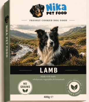 Fresh lamb dog food packaging by Nika Pet Food featuring a healthy Border Collie in a natural countryside setting.
