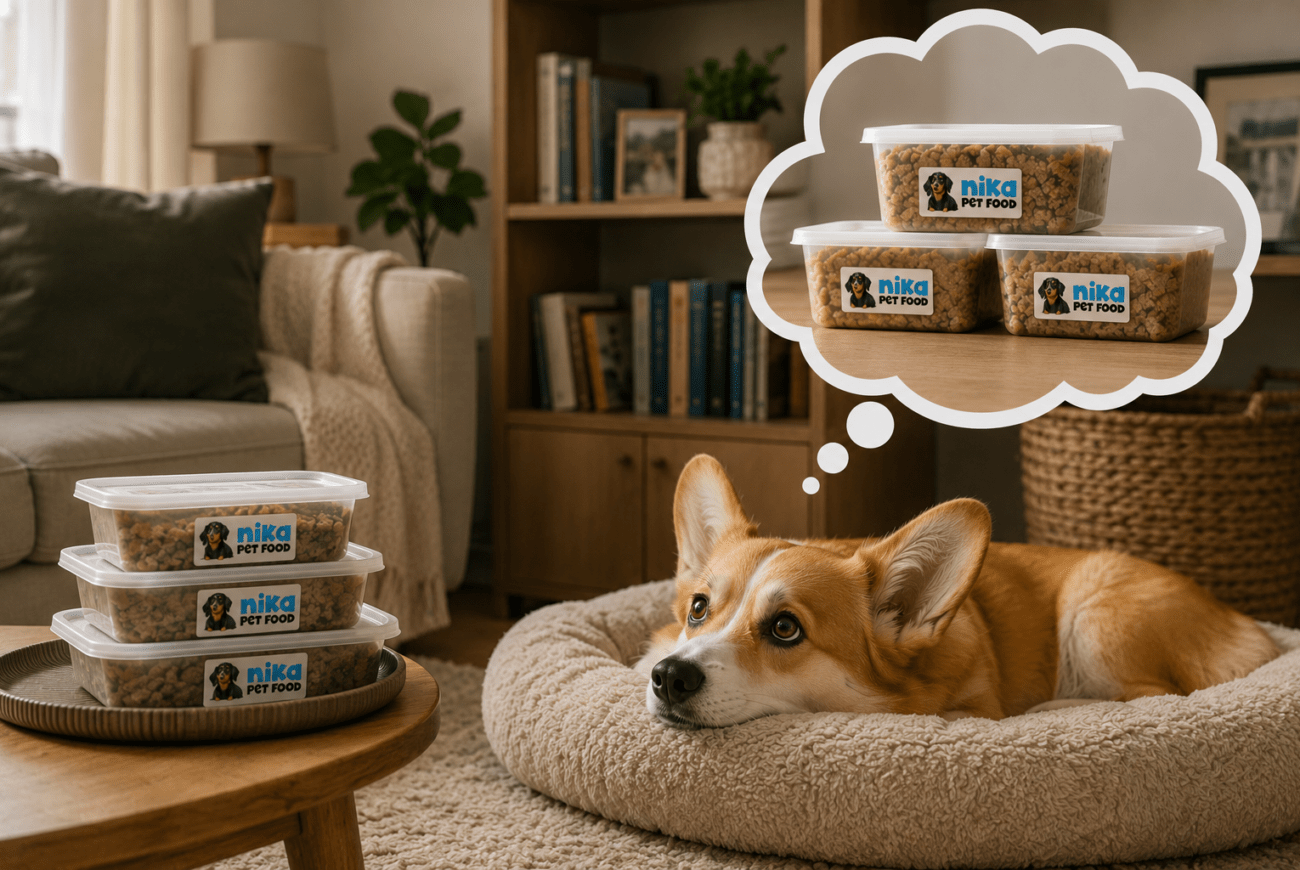 Freshly cooked Nika Pet Food meals stored frozen to preserve nutrients and freshness