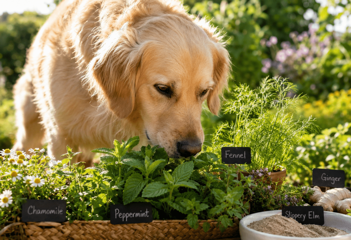 Golden retriever sniffing dog-safe herbs used to support healthy digestion, including peppermint, chamomile, fennel, ginger and slippery elm.