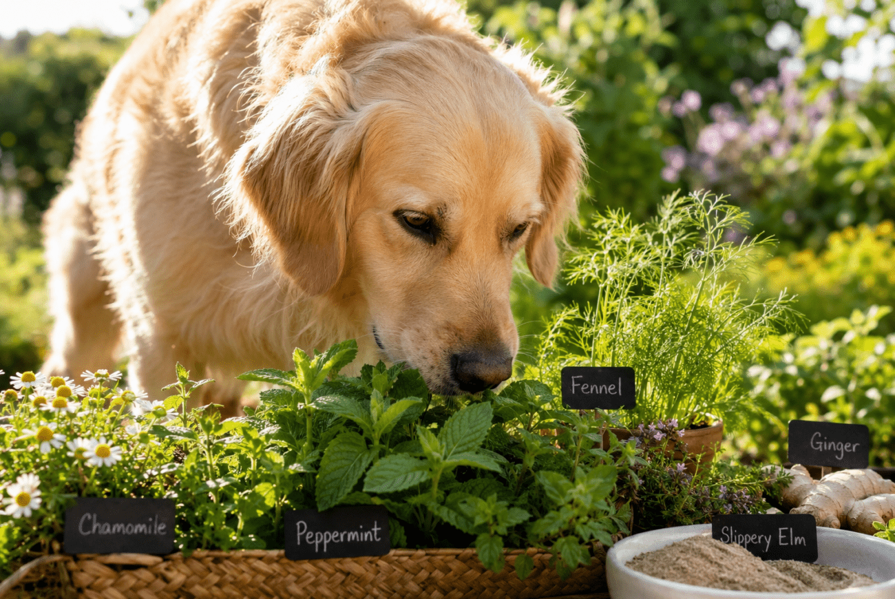 Golden retriever sniffing dog-safe herbs used to support healthy digestion, including peppermint, chamomile, fennel, ginger and slippery elm.