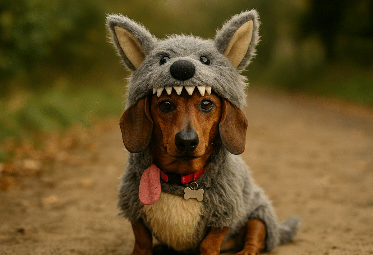 A dachshund wearing a playful wolf costume, sitting on an outdoor path with a humorous and charming expression.