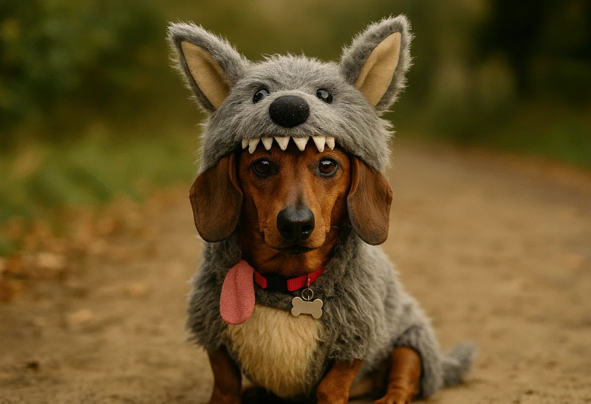 A dachshund wearing a playful wolf costume, sitting on an outdoor path with a humorous and charming expression.