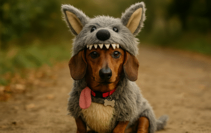 Myth‑Busting Dog Nutrition Blog A dachshund wearing a playful wolf costume, sitting on an outdoor path with a humorous and charming expression.