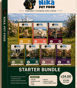 Starter bundle of freshly cooked dog food by Nika Pet Food showing seven complete recipes in 400g packs arranged together
