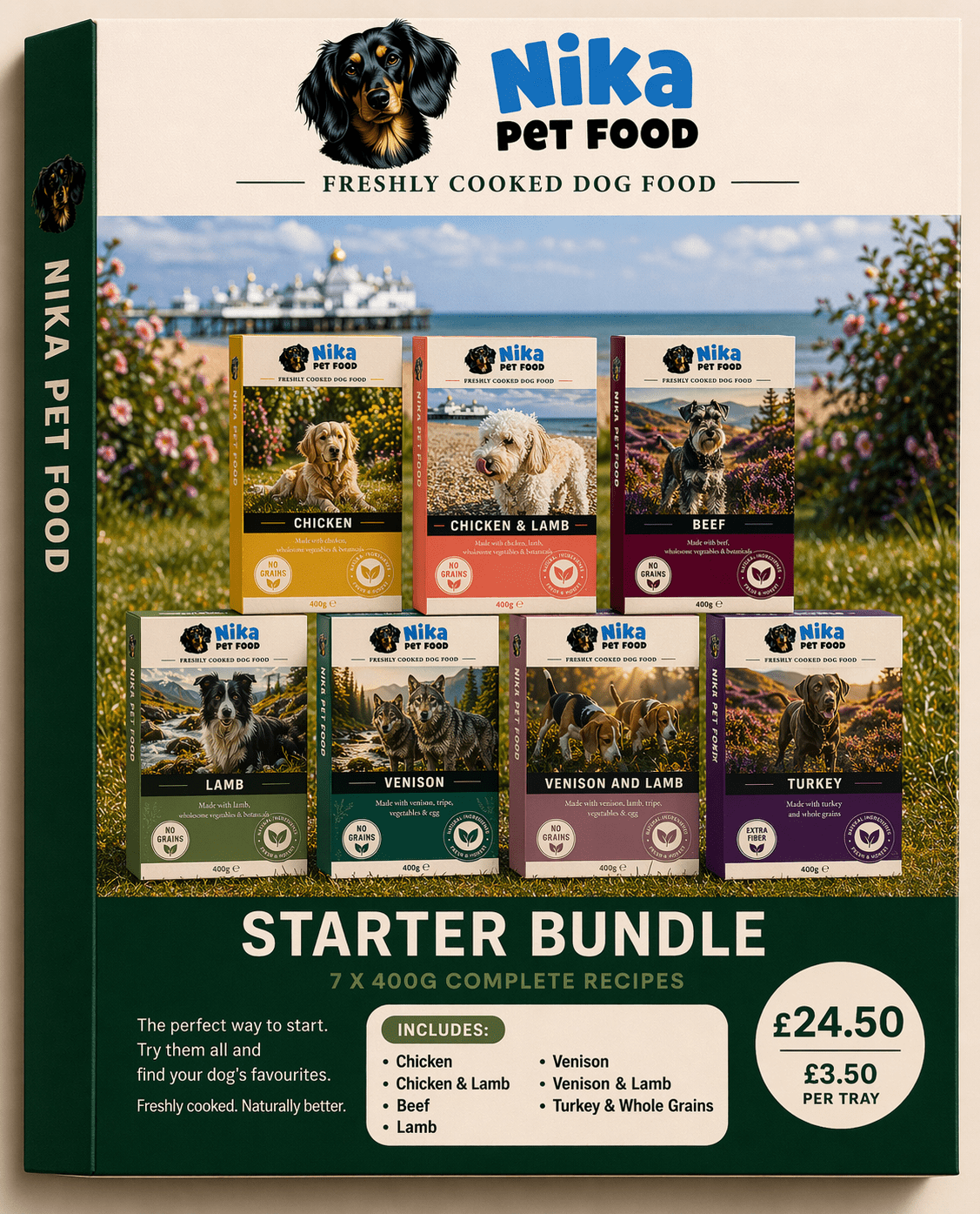 Starter bundle of freshly cooked dog food by Nika Pet Food showing seven complete recipes in 400g packs arranged together