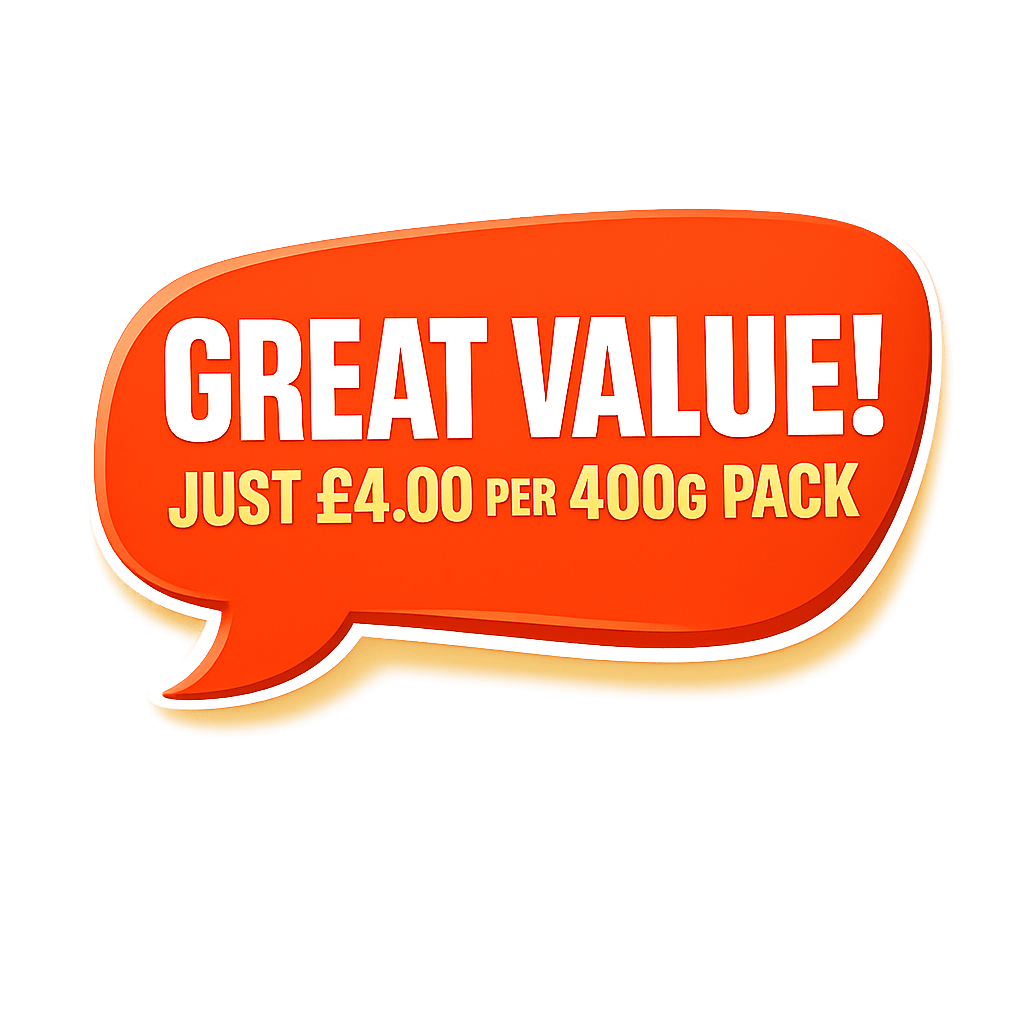Great value graphic with text: Just £4.00 per 400g pack