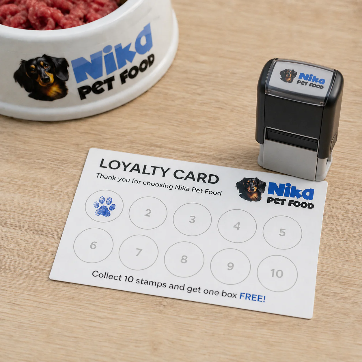 Nika Pet Food loyalty card and branded dog bowl