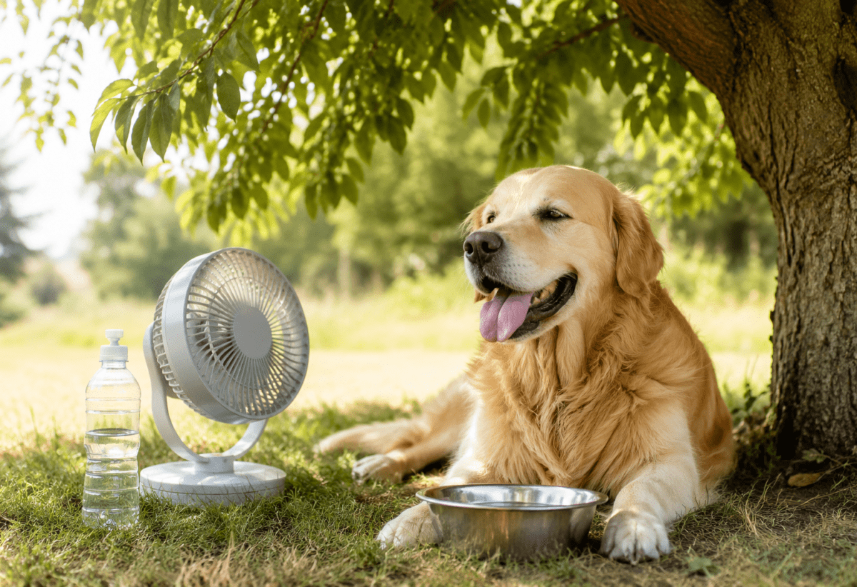hot weather dog safety: dog resting in shade with fresh water