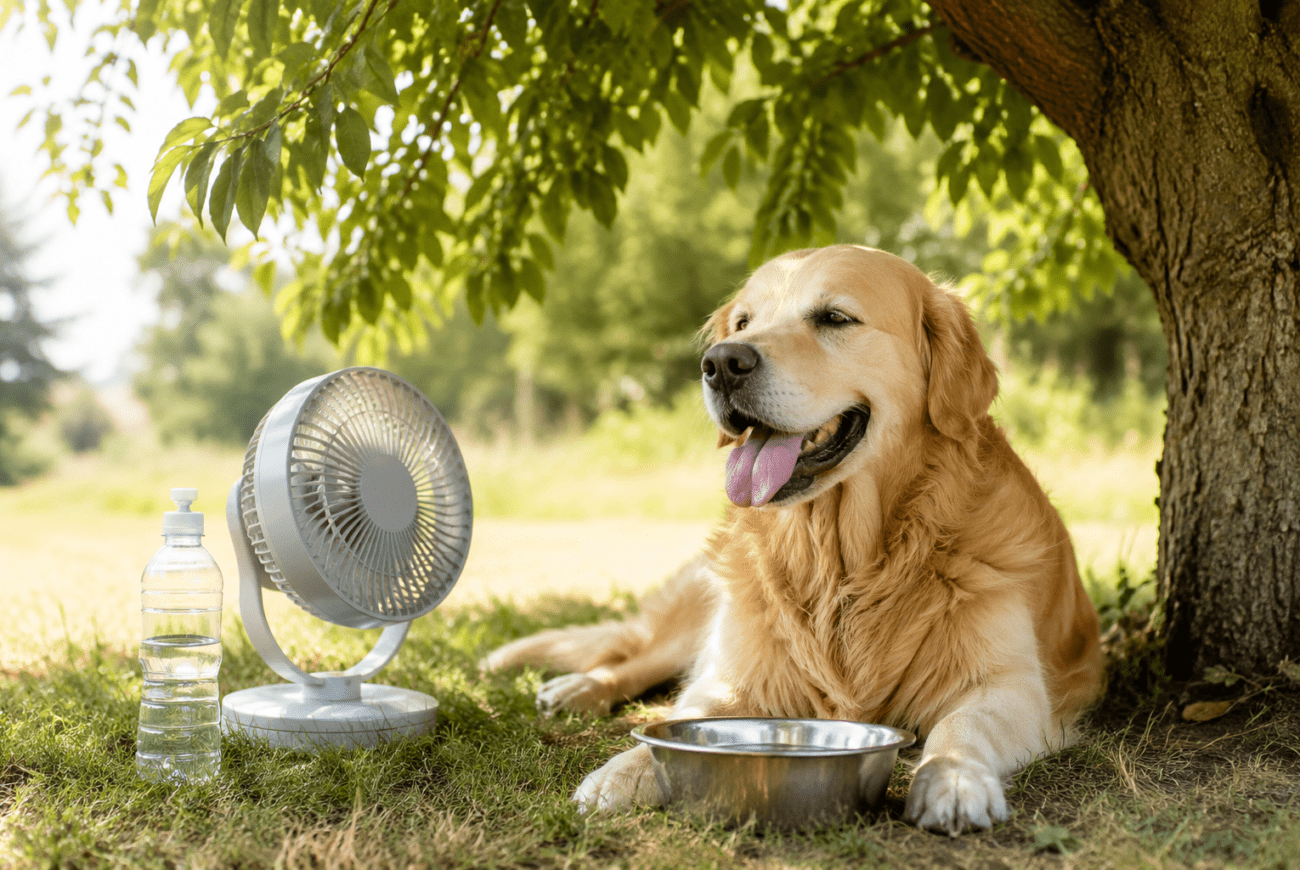 hot weather dog safety: dog resting in shade with fresh water