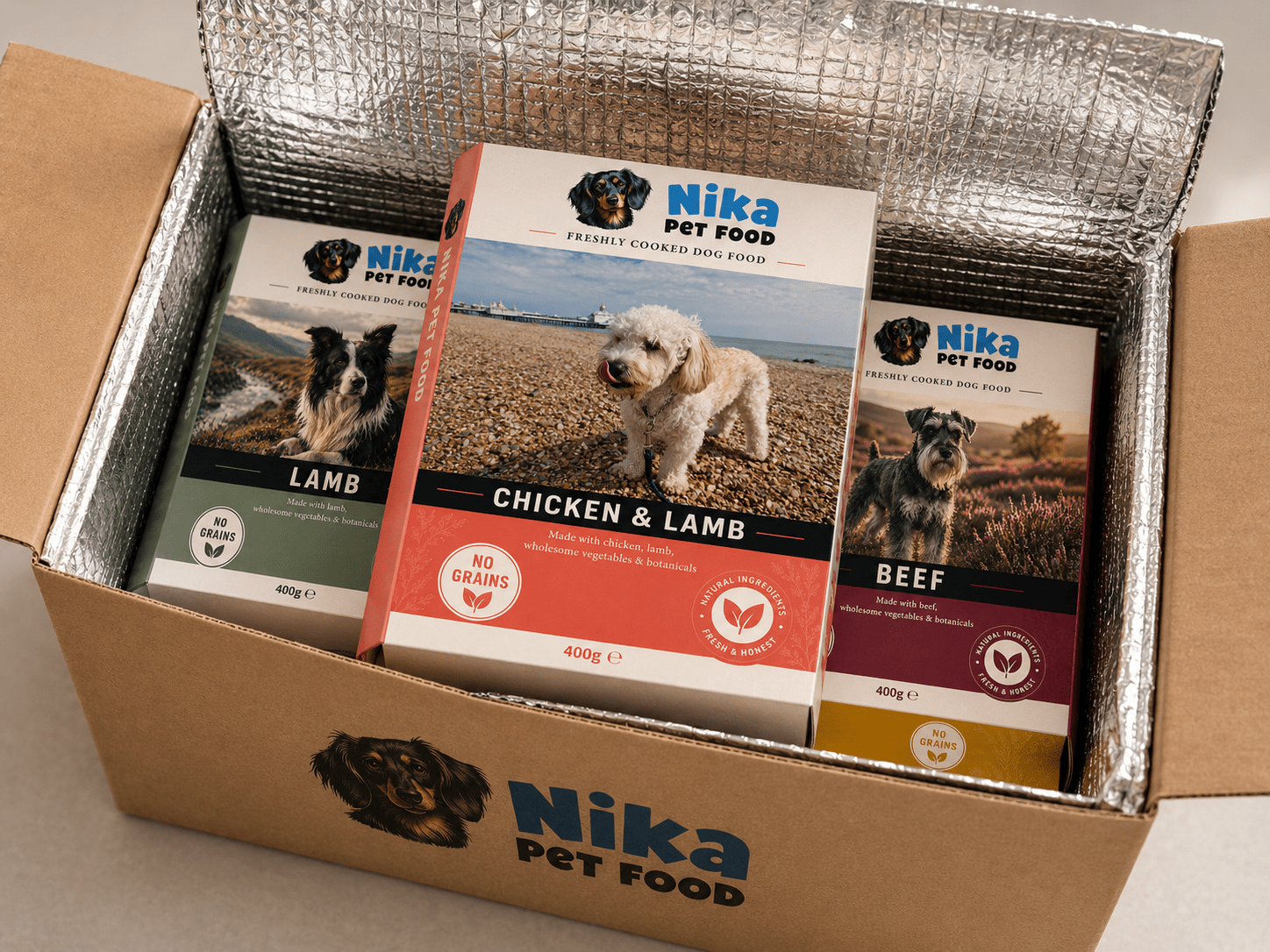 Nika Pet Food fresh dog food delivery box with freshly cooked meals packed for UK delivery