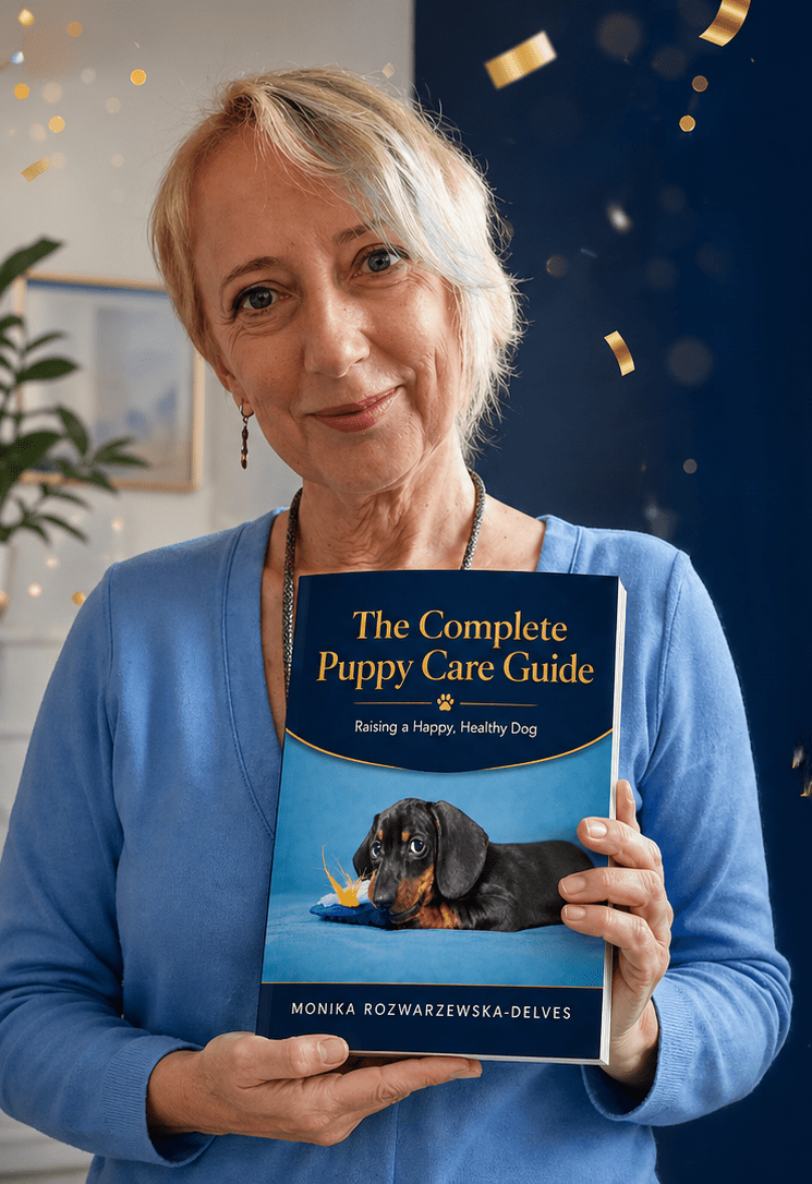 Author Monika Rozwarzewska-Delves holding The Complete Puppy Care Guide