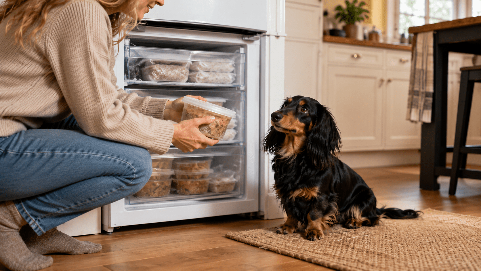 Owner placing fresh dog food containers into a freezer while a dachshund watches, illustrating a Nika Pet Food subscription