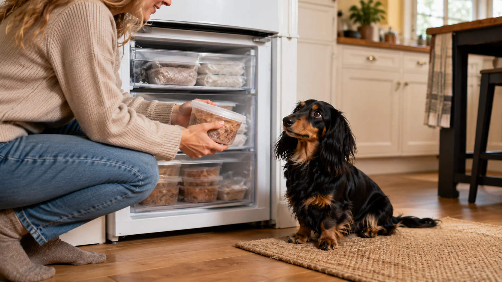 Owner placing fresh dog food containers into a freezer while a dachshund watches