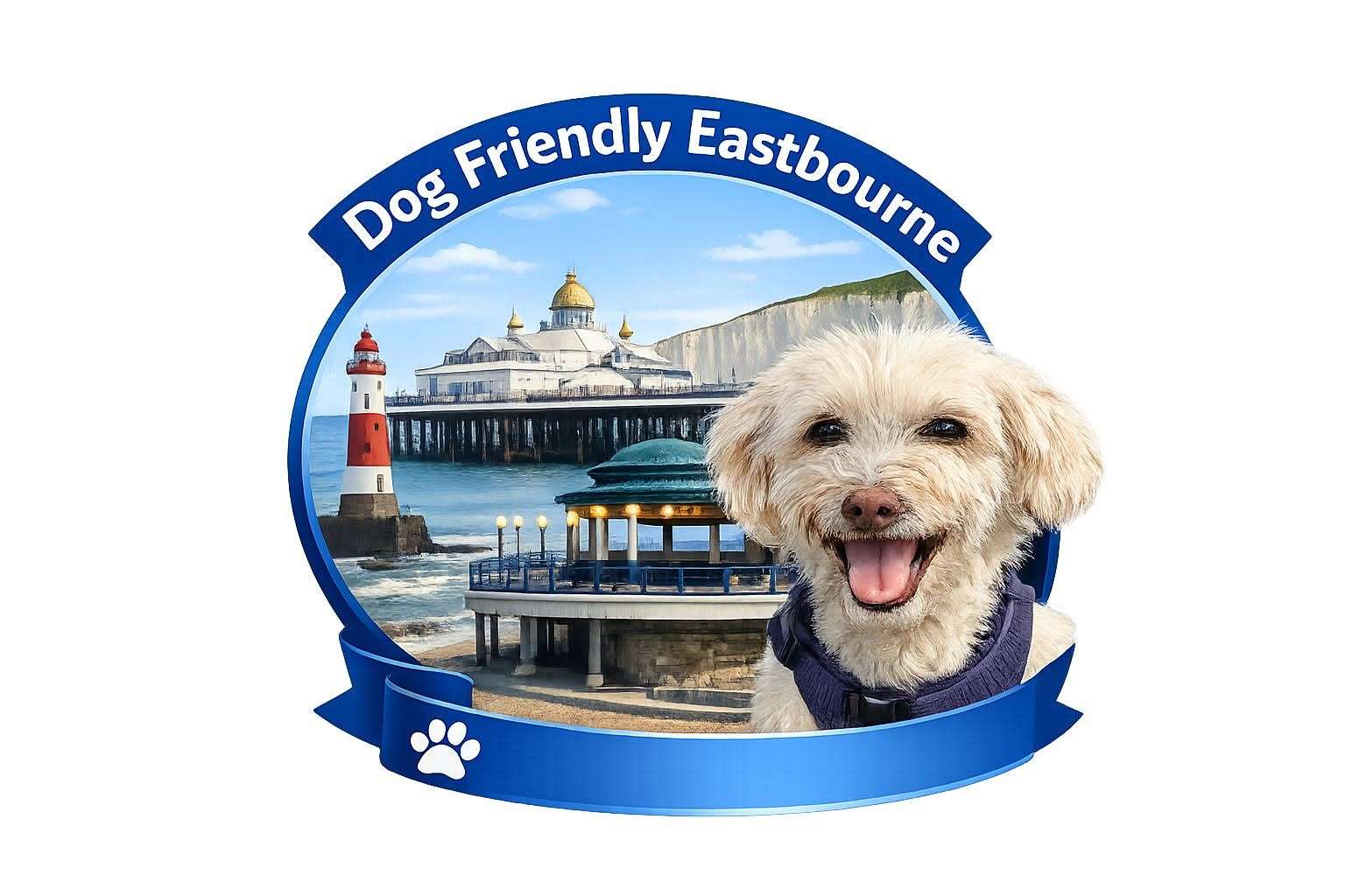 Dog Friendly Eastbourne logo featuring a white dog and well-known Eastbourne landmarks