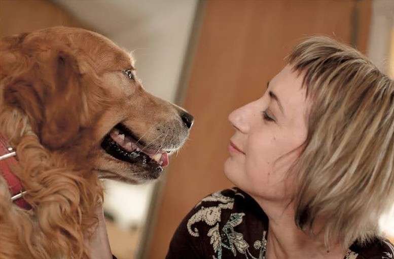 Woman gently interacting with a golden retriever during dog sitting care in Eastbourne