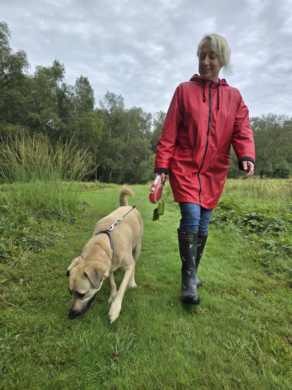 Monika walking a dog in green countryside, Nika Pet Food