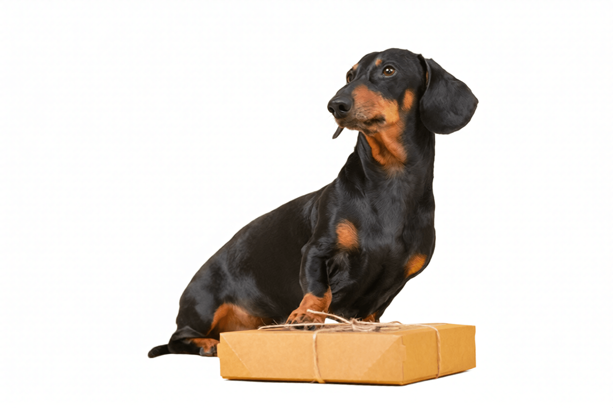 Dog sitting beside a parcel for Nika Pet Food refund and returns policy