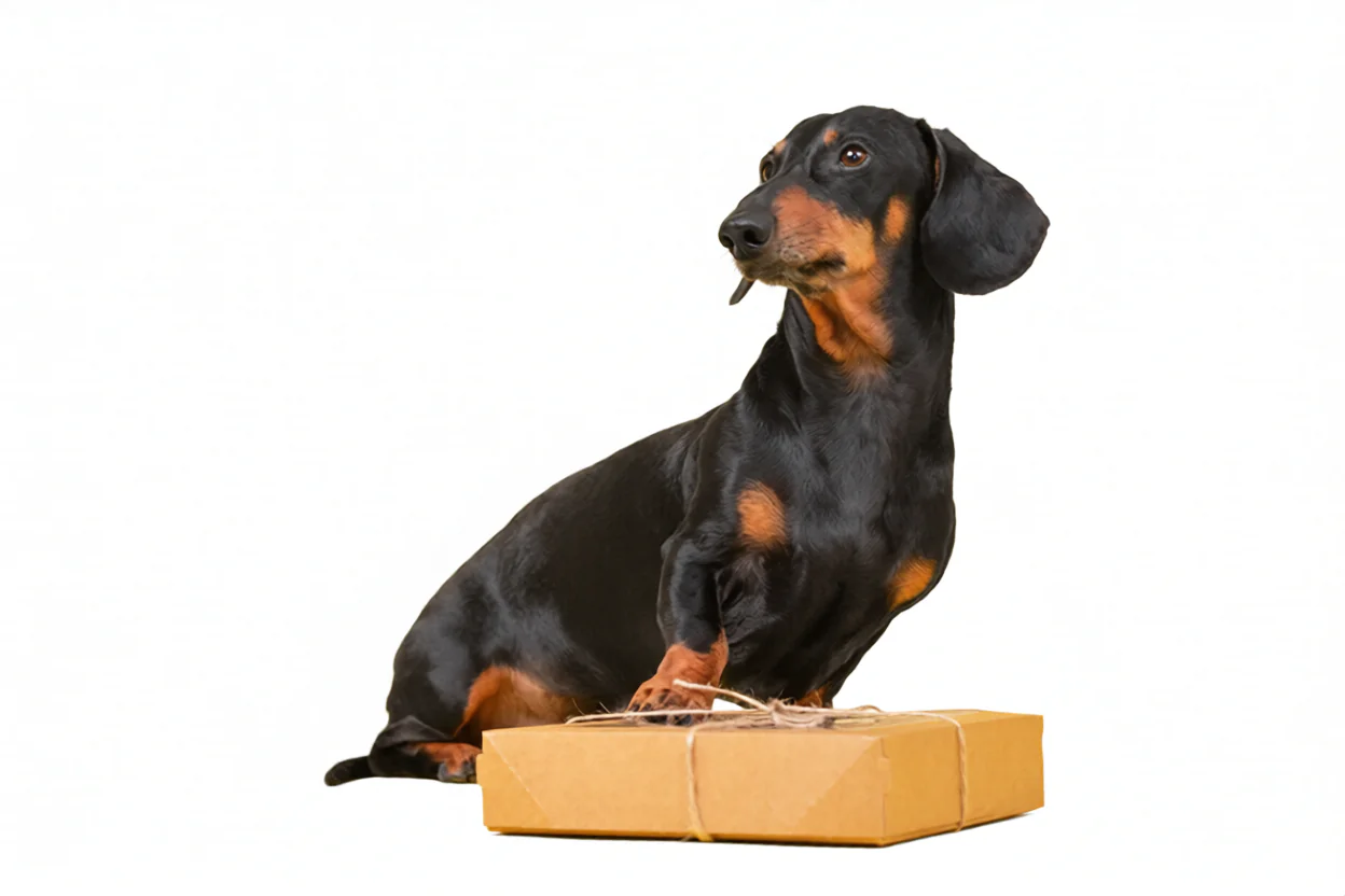 Dog sitting beside a parcel for Nika Pet Food refund and returns policy